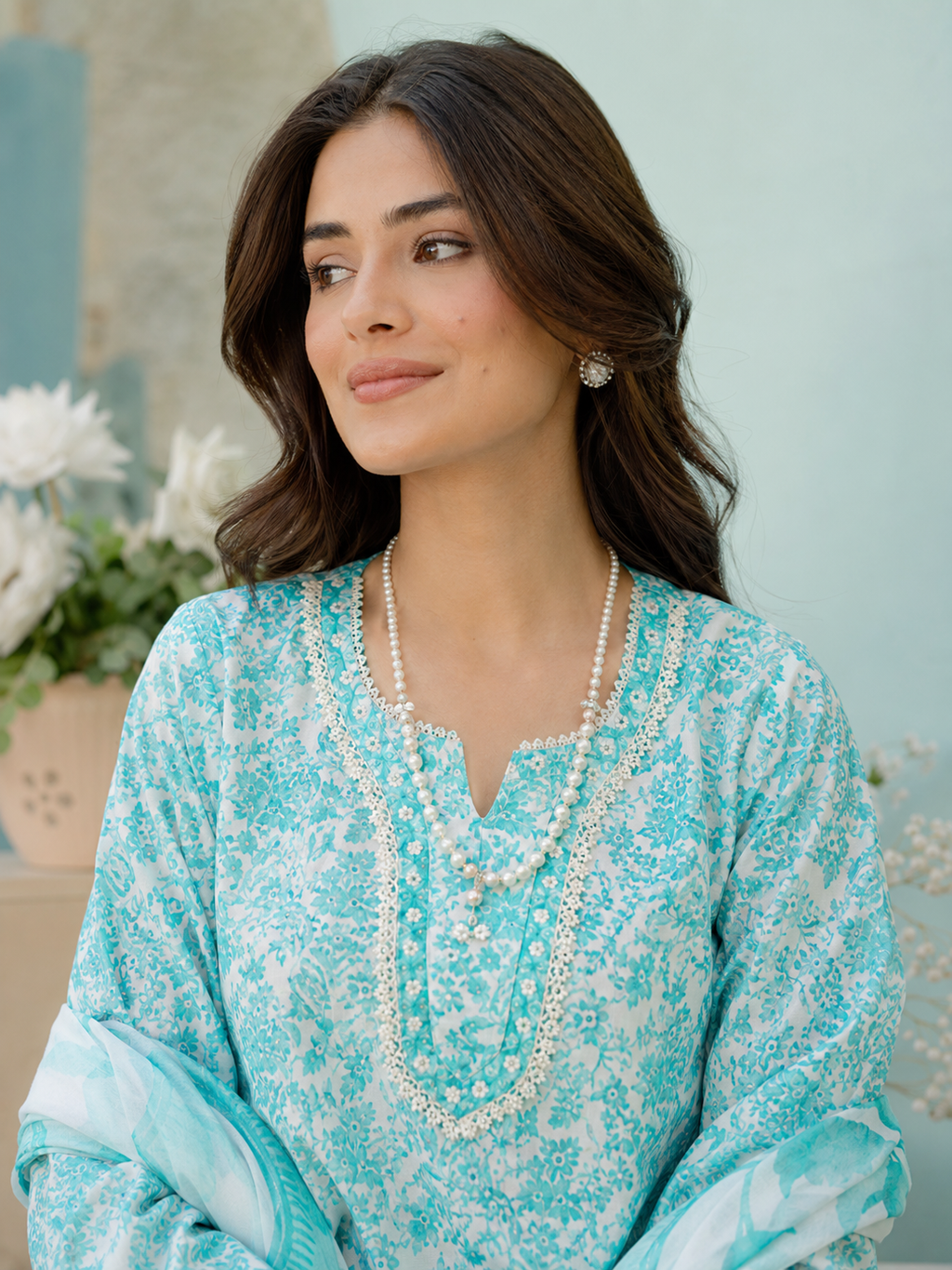 Aqua Blue Delicate Floral Lawn 3-Piece Unstitched Suit