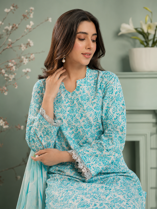 Aqua Blue Delicate Floral Lawn 3-Piece Unstitched Suit