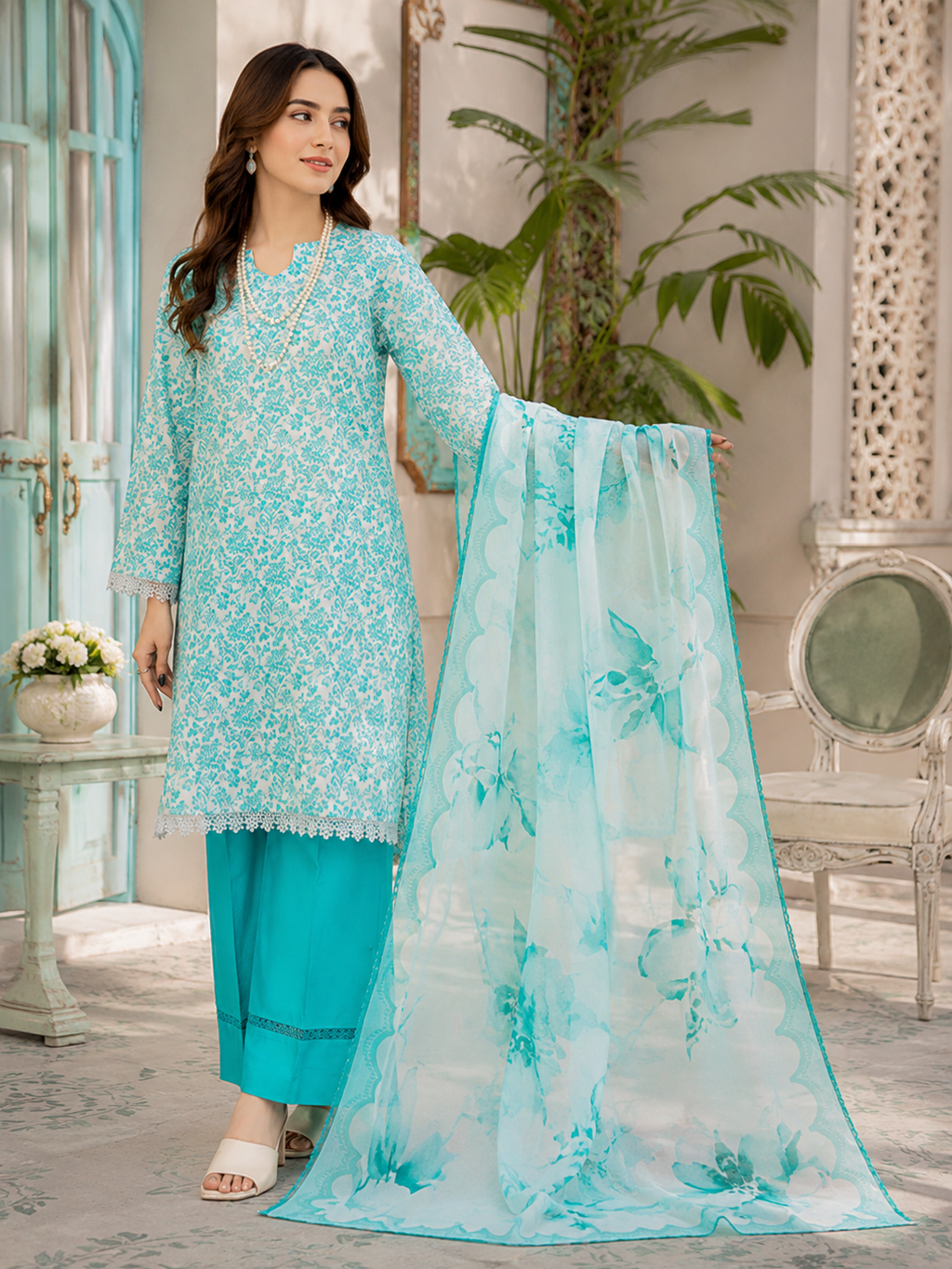 Aqua Blue Delicate Floral Lawn 3-Piece Unstitched Suit