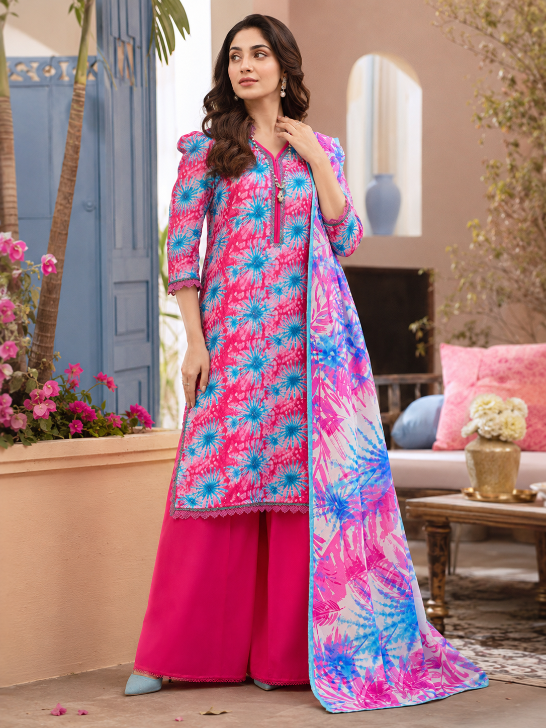 Vibrant Pink & Blue Burst Print Lawn 3-Piece Unstitched Suit