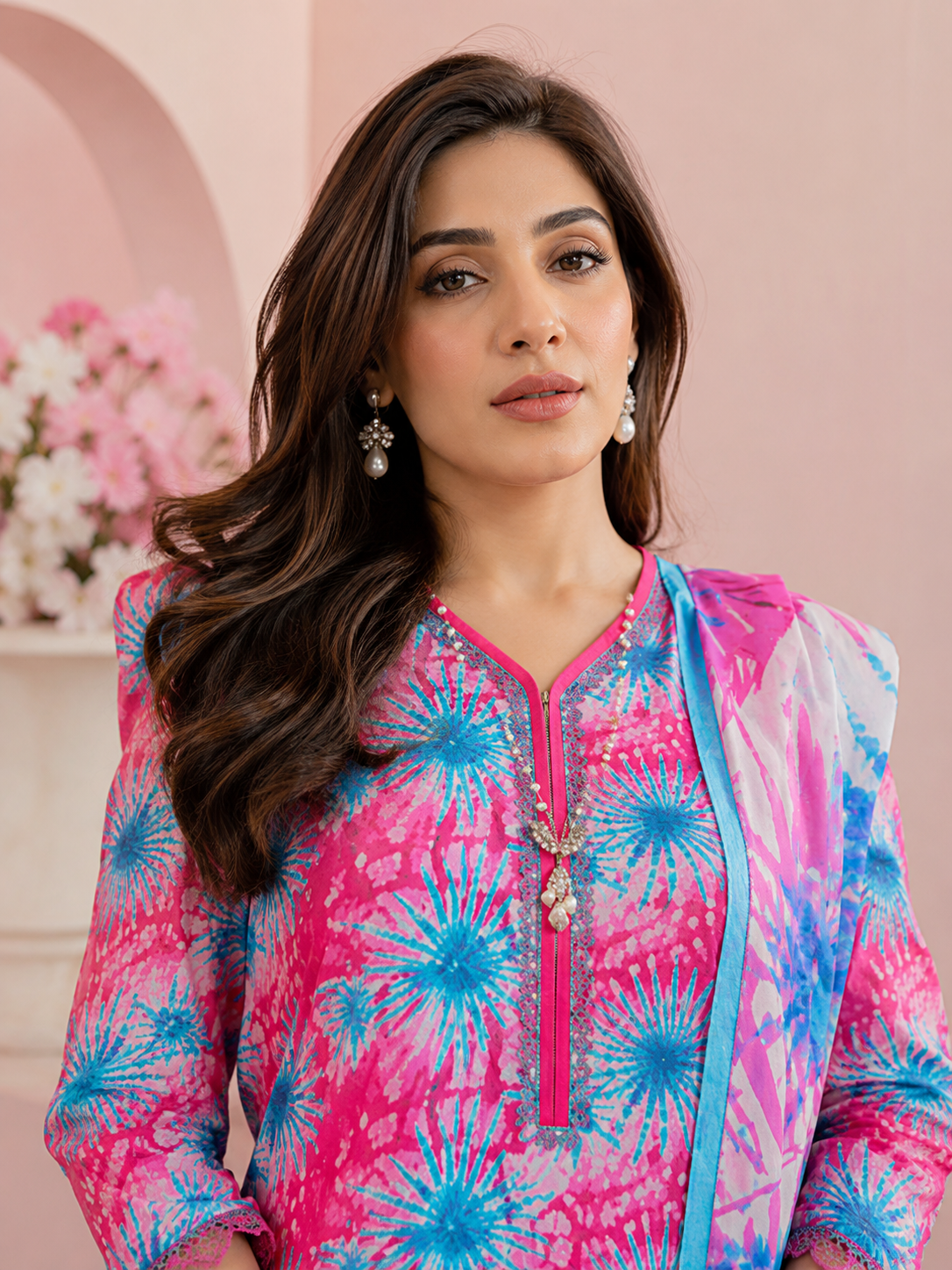 Vibrant Pink & Blue Burst Print Lawn 3-Piece Unstitched Suit