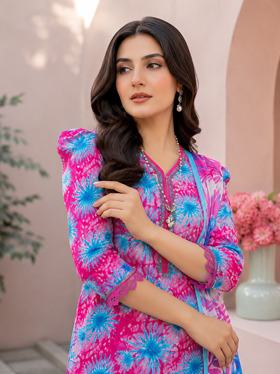 Vibrant Pink & Blue Burst Print Lawn 3-Piece Unstitched Suit