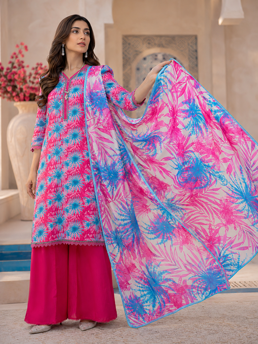 Vibrant Pink & Blue Burst Print Lawn 3-Piece Unstitched Suit