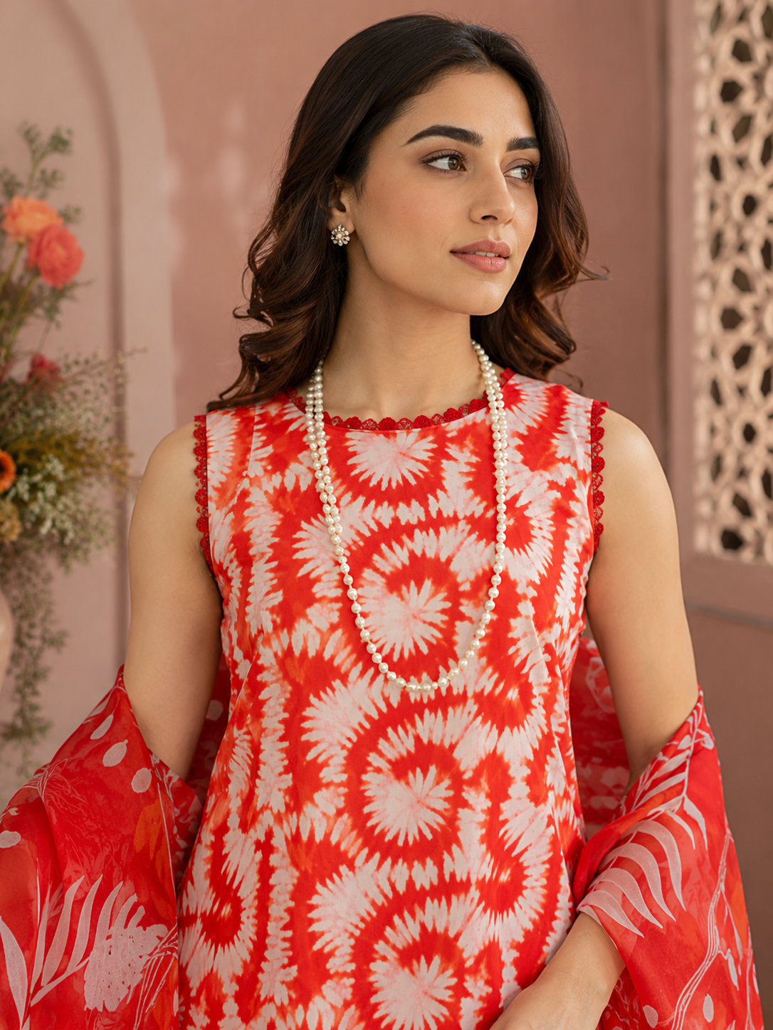 Crimson Red Tropical Leaf Print Lawn 3-Piece Unstitched Suit