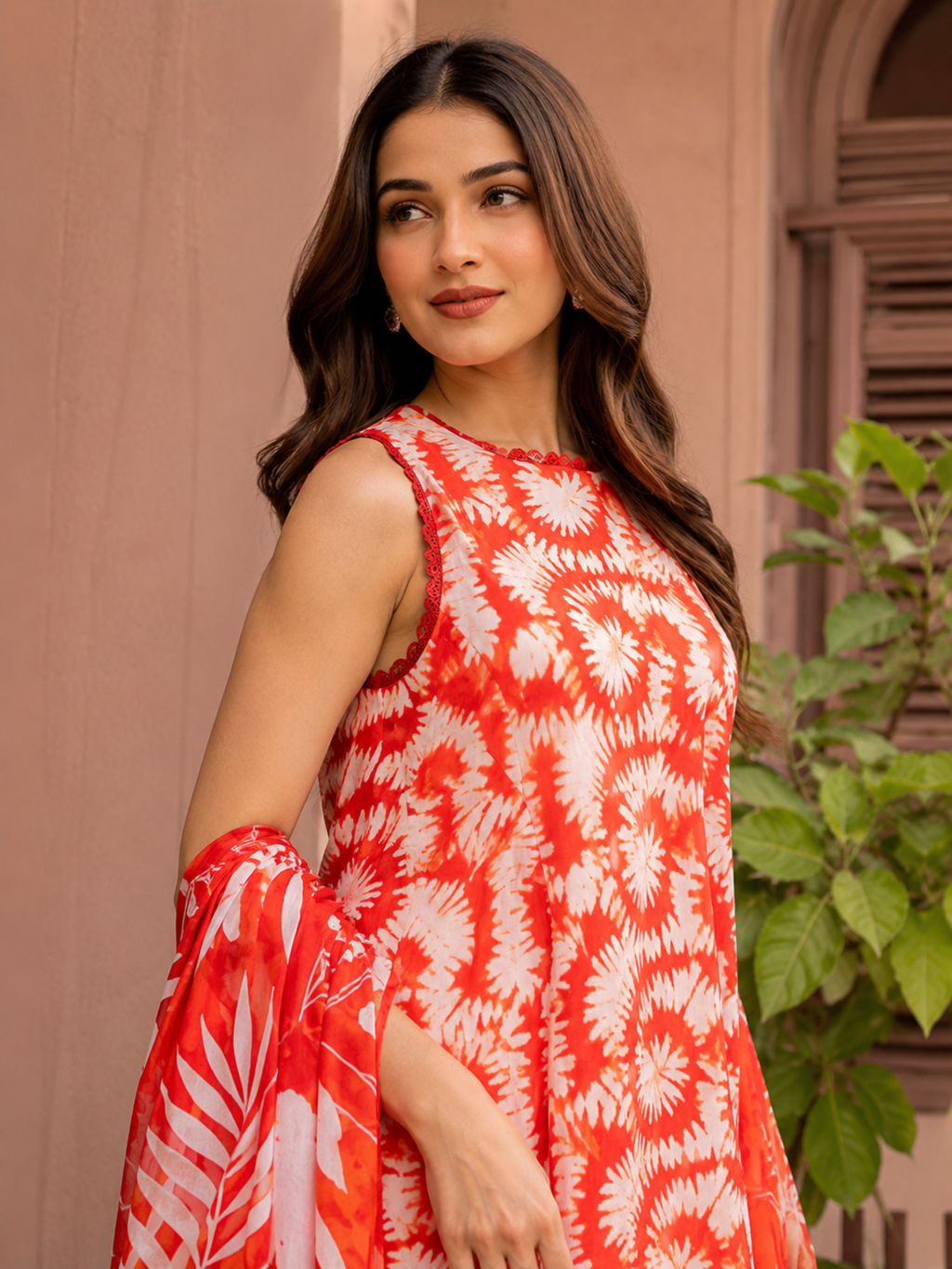 Crimson Red Tropical Leaf Print Lawn 3-Piece Unstitched Suit