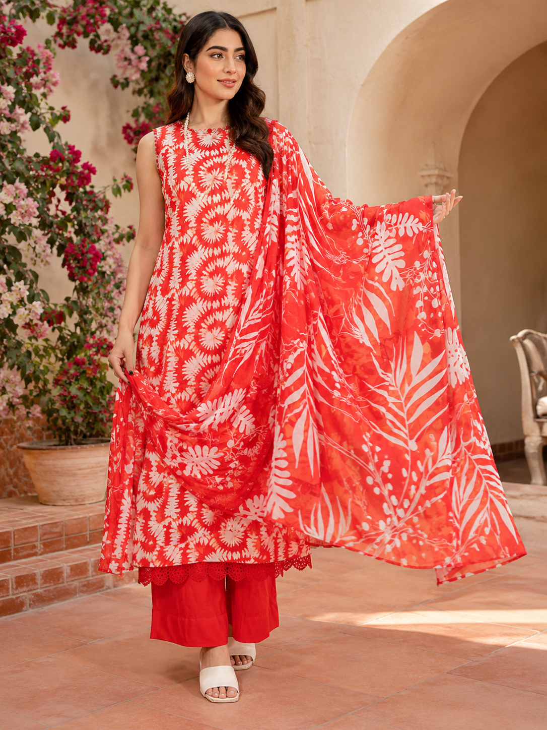 Crimson Red Tropical Leaf Print Lawn 3-Piece Unstitched Suit