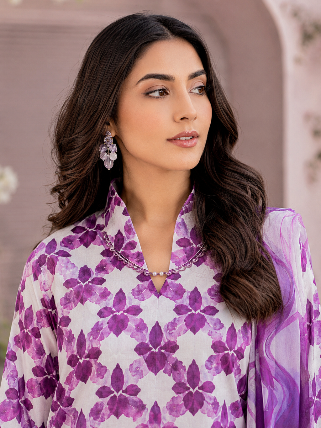 Orchid Purple Motif Print Lawn 3-Piece Unstitched Suit