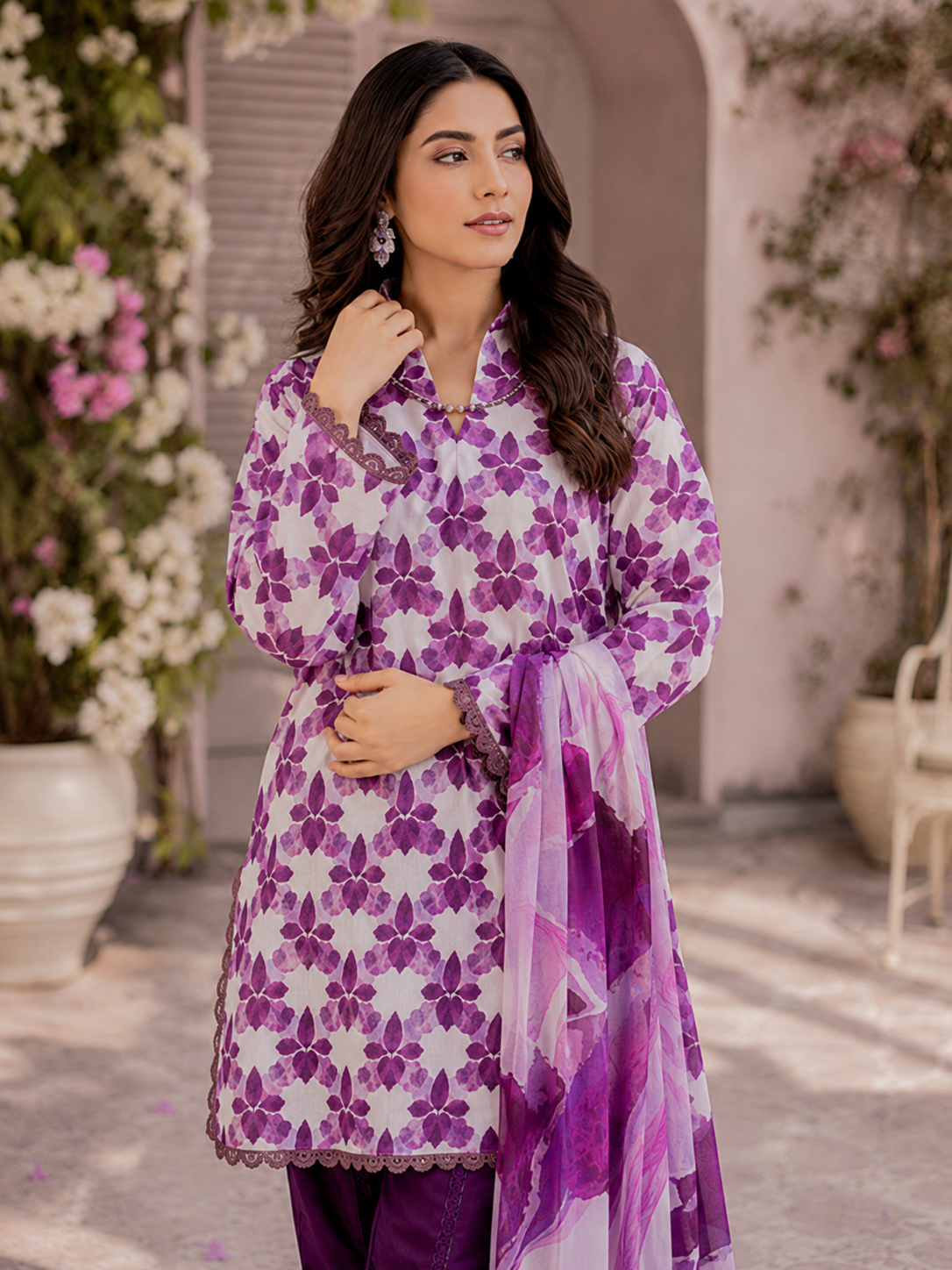Orchid Purple Motif Print Lawn 3-Piece Unstitched Suit