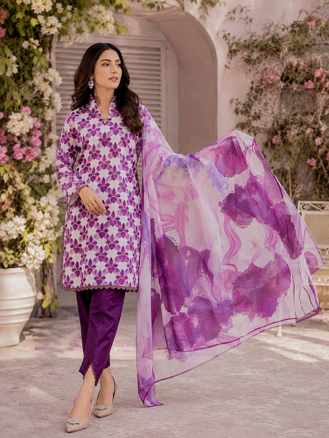 Orchid Purple Motif Print Lawn 3-Piece Unstitched Suit