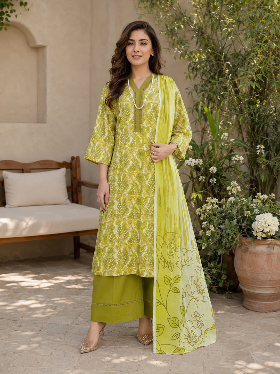 Fresh Green Botanical Print Lawn 3-Piece Unstitched Suit