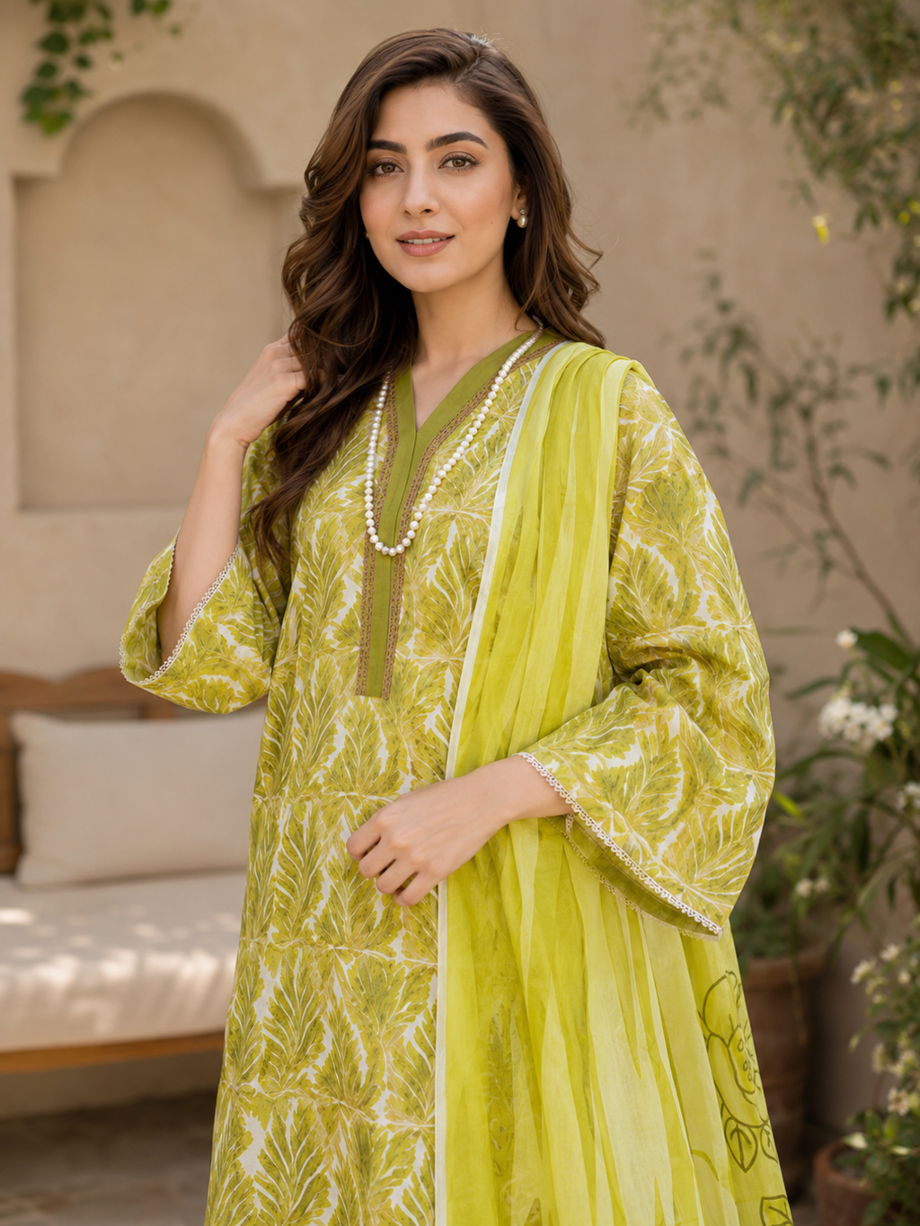 Fresh Green Botanical Print Lawn 3-Piece Unstitched Suit