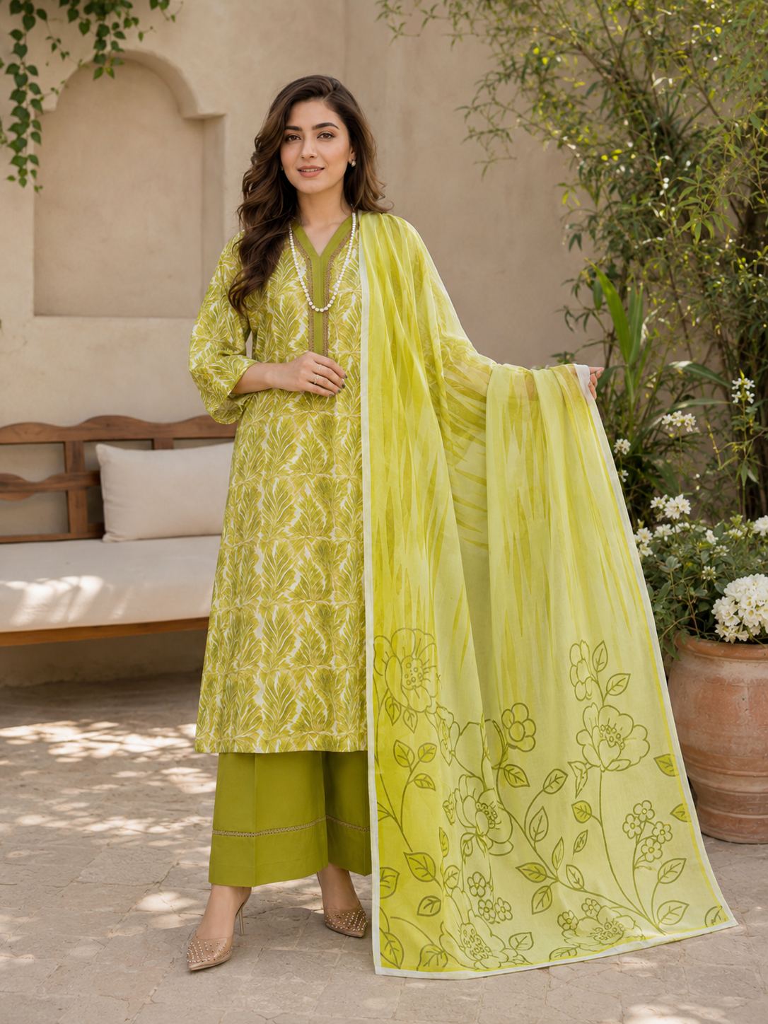 Fresh Green Botanical Print Lawn 3-Piece Unstitched Suit