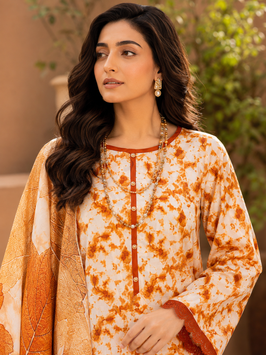 Terracotta & White Tie-Dye Style Lawn 3-Piece Unstitched Suit