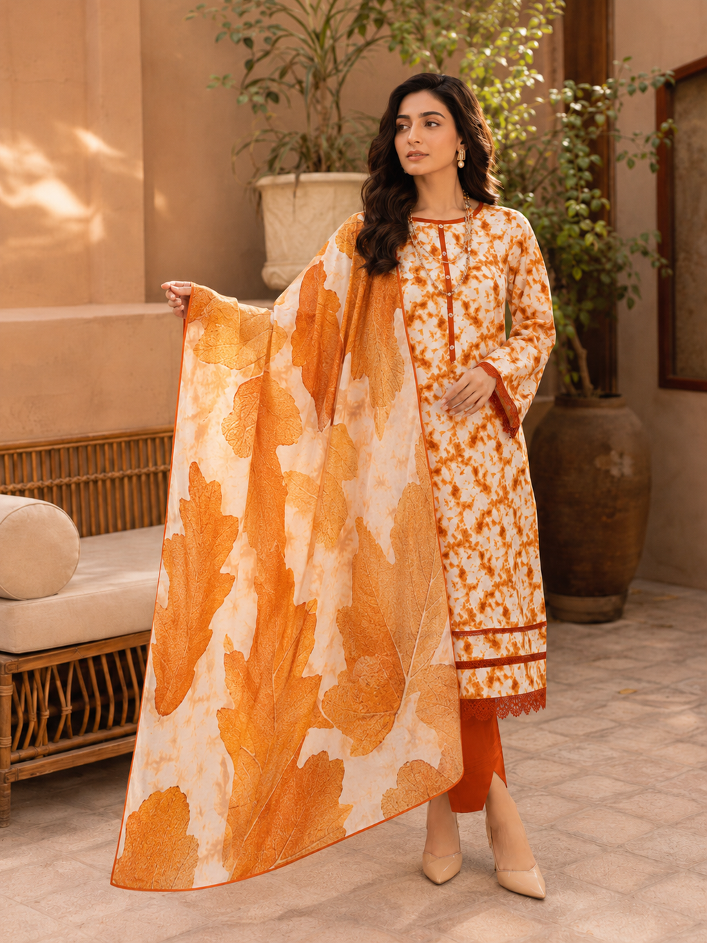 Terracotta & White Tie-Dye Style Lawn 3-Piece Unstitched Suit