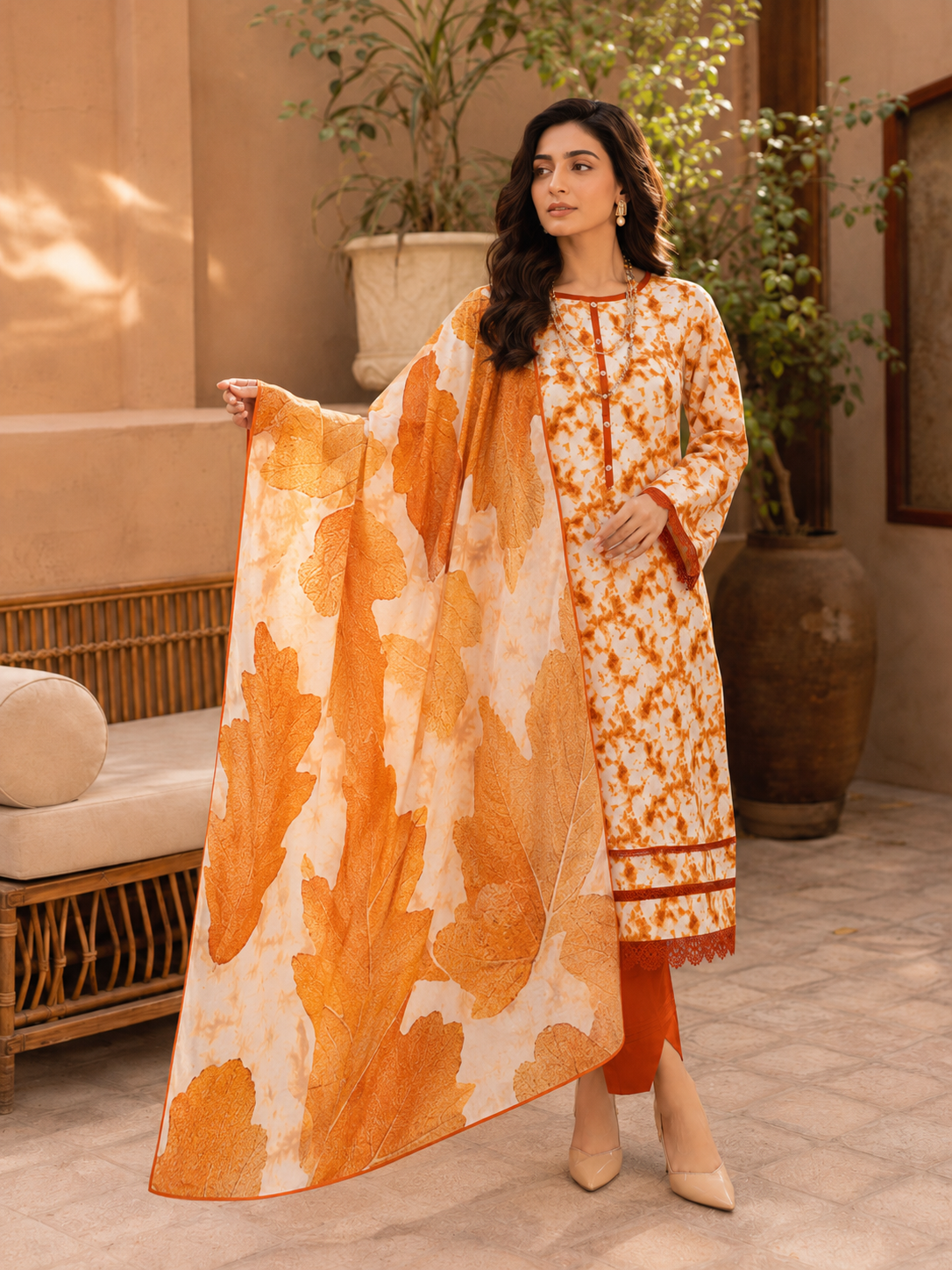 Terracotta & White Tie-Dye Style Lawn 3-Piece Unstitched Suit