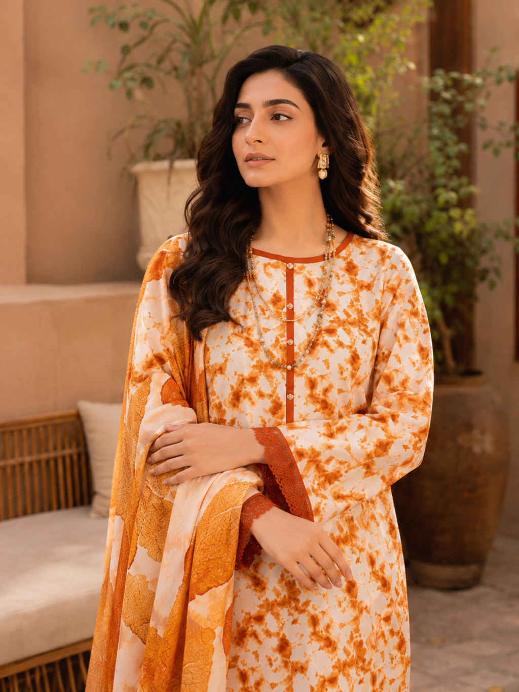 Terracotta & White Tie-Dye Style Lawn 3-Piece Unstitched Suit