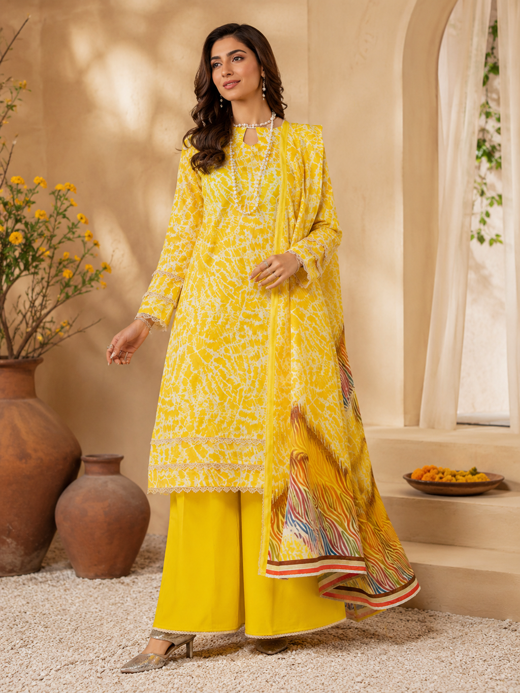 Sunshine Yellow Abstract Print Lawn 3-Piece Unstitched Suit