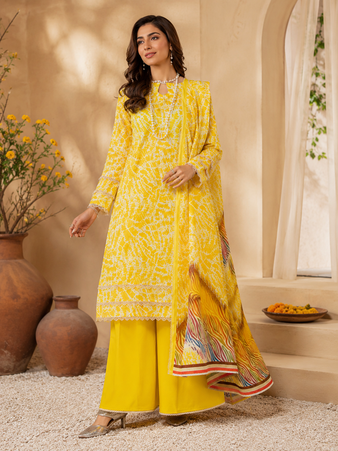 Sunshine Yellow Abstract Print Lawn 3-Piece Unstitched Suit