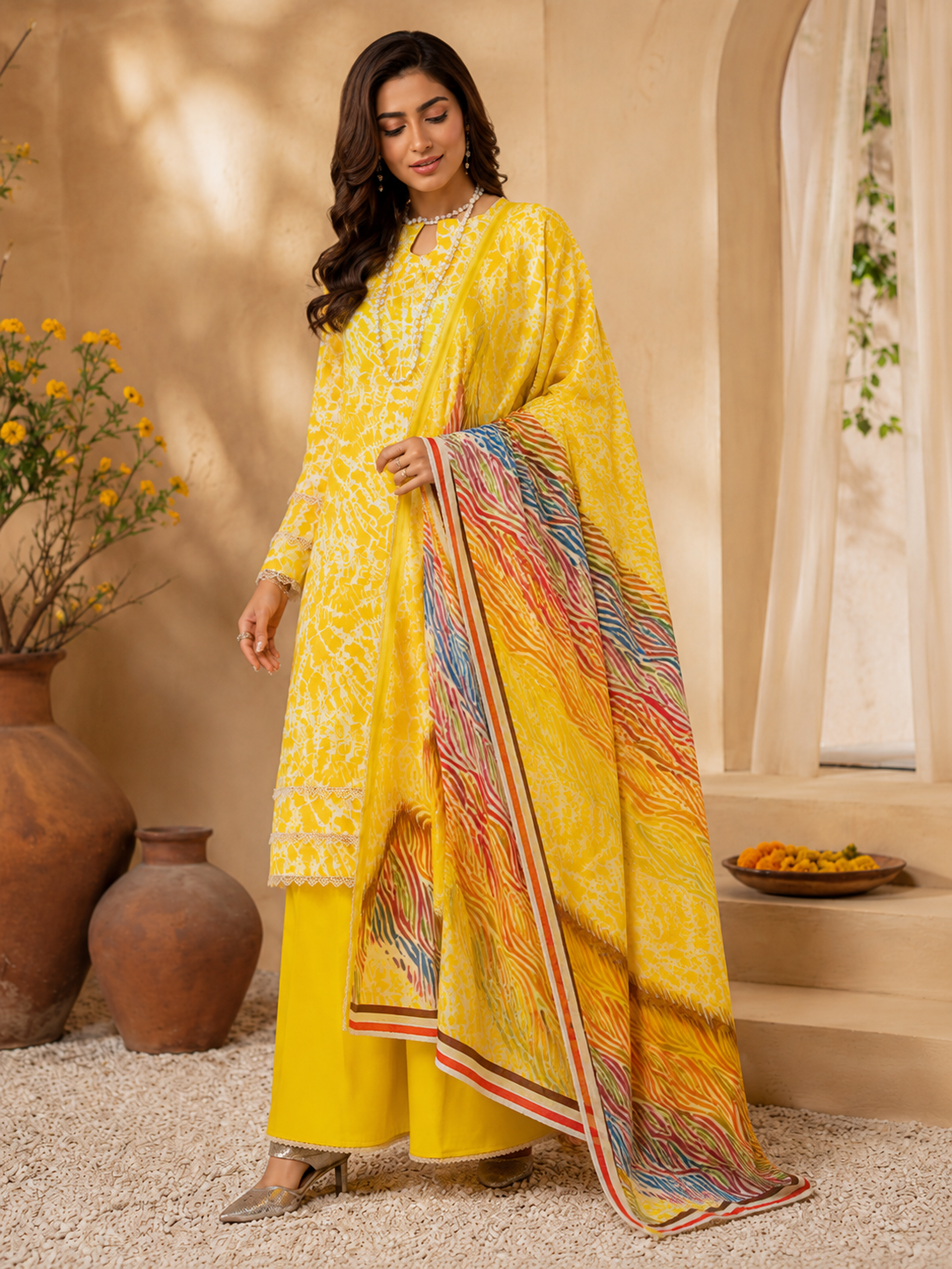 Sunshine Yellow Abstract Print Lawn 3-Piece Unstitched Suit