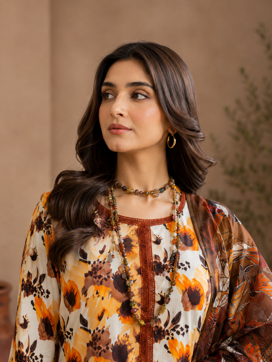 Mustard & Brown Floral Lawn 3-Piece Unstitched Suit