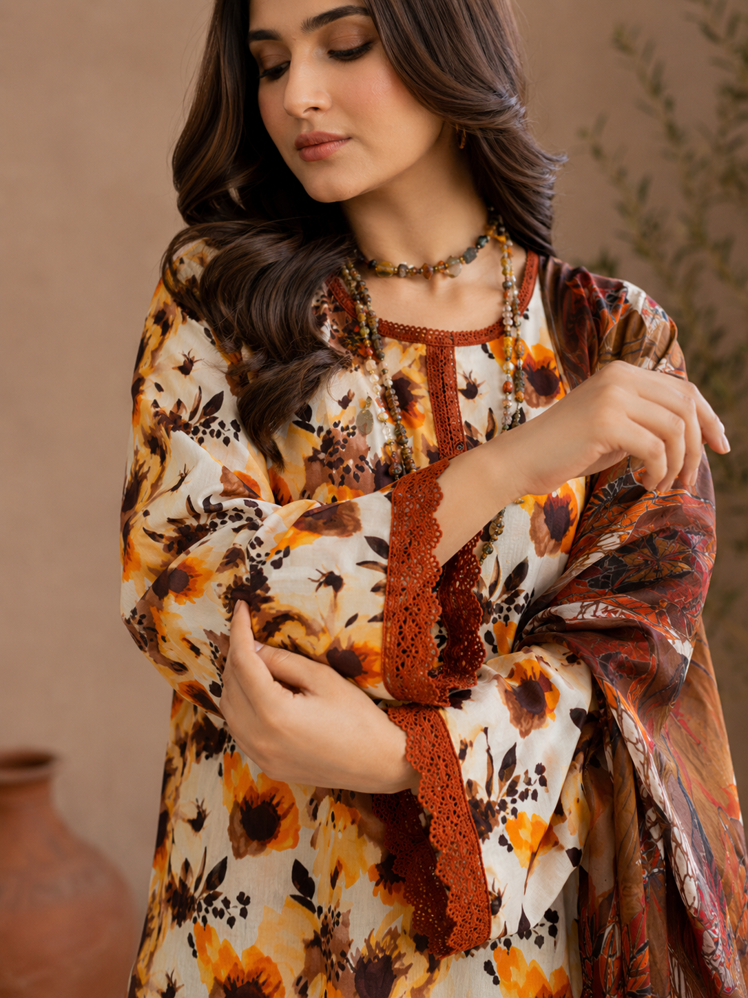 Mustard & Brown Floral Lawn 3-Piece Unstitched Suit