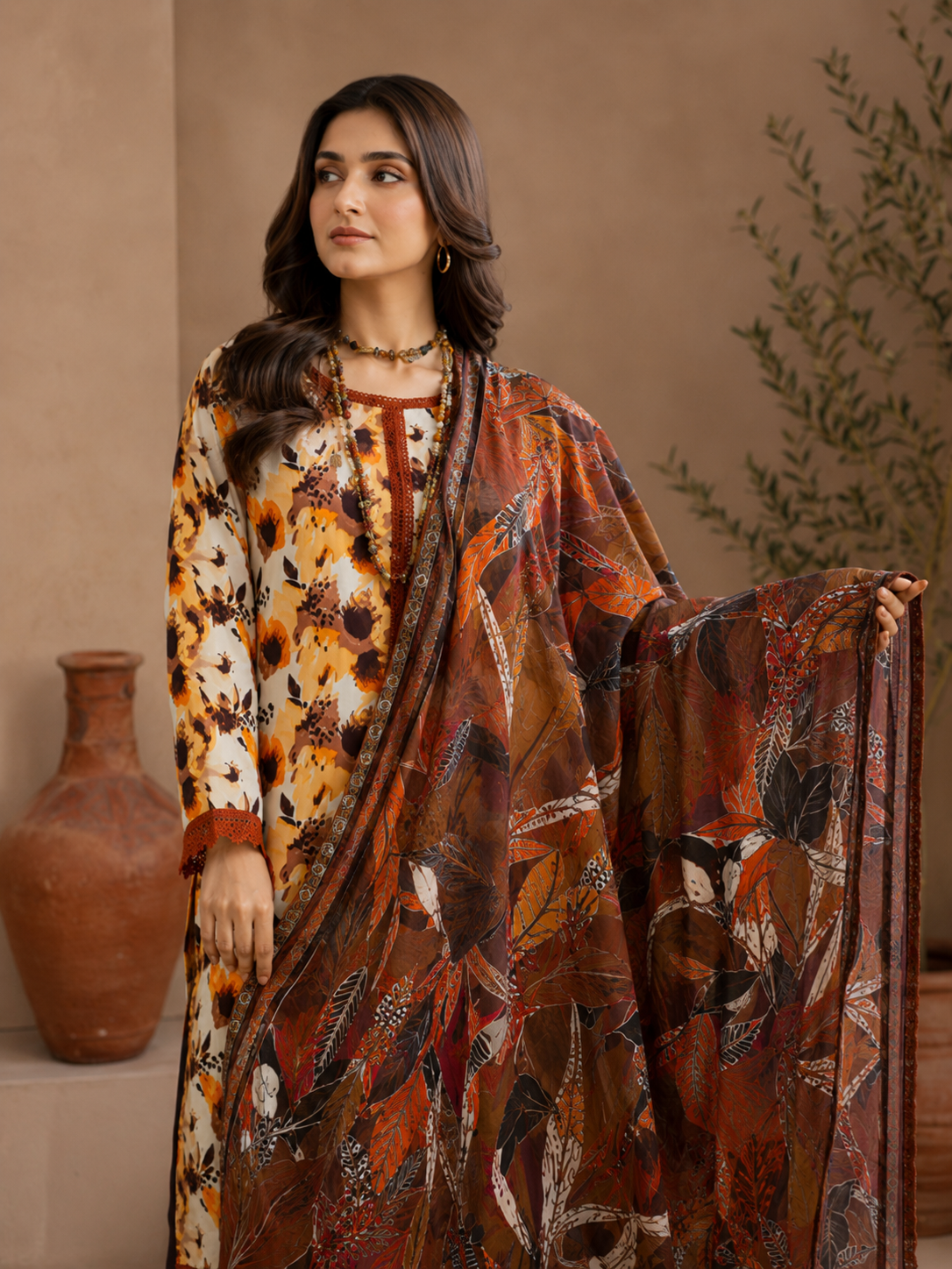 Mustard & Brown Floral Lawn 3-Piece Unstitched Suit