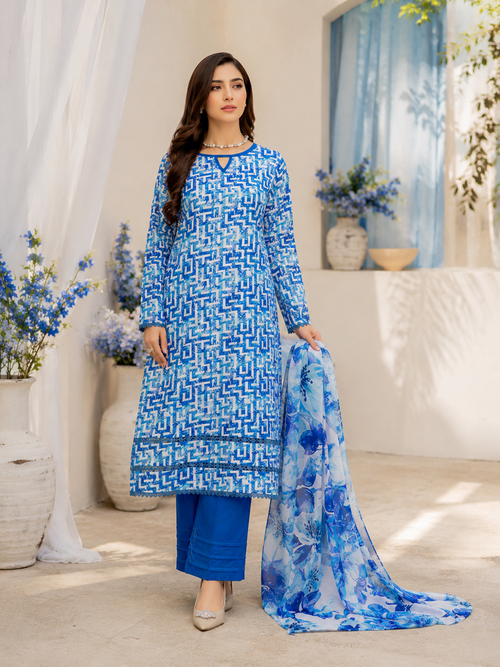Azure Blue Geometric Printed Lawn 3-Piece Unstitched Suit