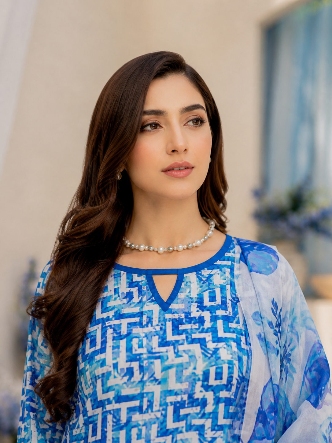 Azure Blue Geometric Printed Lawn 3-Piece Unstitched Suit