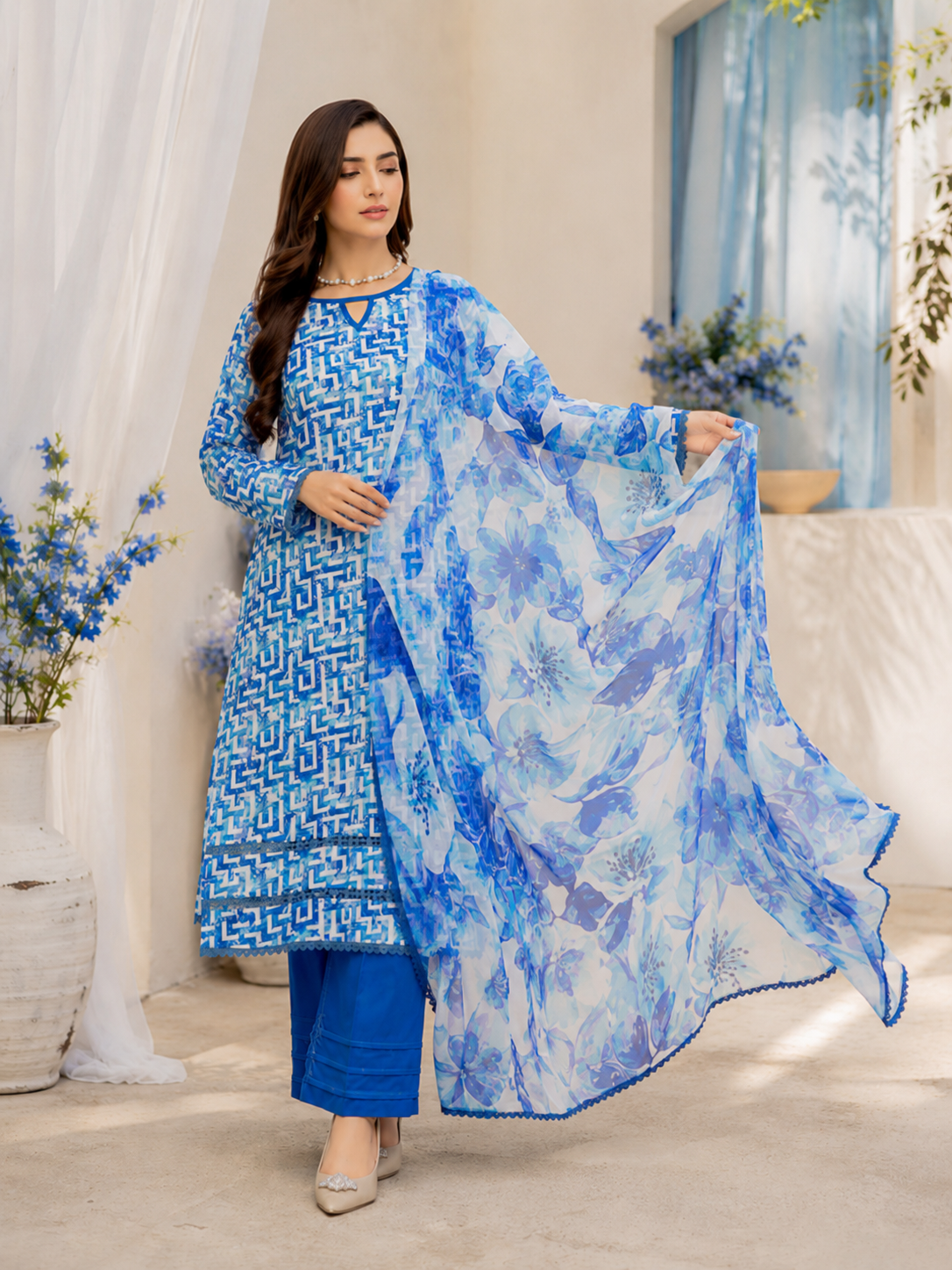 Azure Blue Geometric Printed Lawn 3-Piece Unstitched Suit
